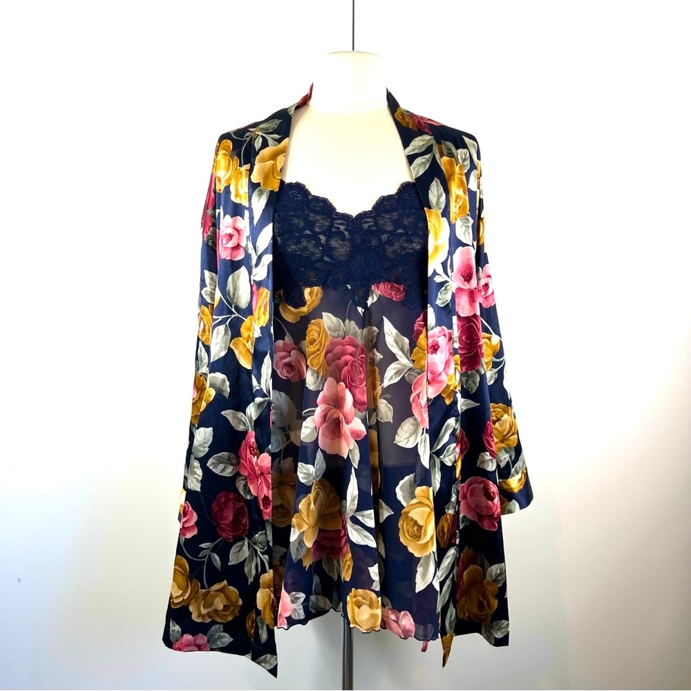 Victoria’s Secret 2PC Blue Pink Multicolor Roses Vintage Nightdress Robe Set
